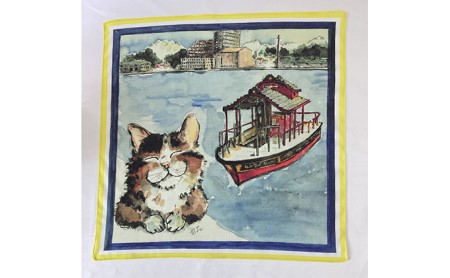 YOKOSUKA HANDKERCHIEF ネコのいる風景ーポンポン船を案内してくれるネコー浦賀の渡し