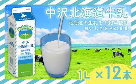 北海道 牛乳 1L × 12本 中沢 12L 国産 成分無調整牛乳 ミルク カルシウム 栄養 乳業 朝食 家庭用 給食 健康 紙パック