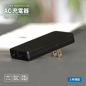 Owltech 薄さ14mm 最大PD65W出力 GaN採用 USB Type-C×2 AC充電器 OEC-APD65C2G-BK[ ガジェット 海老名市 ]