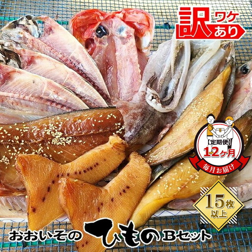 【定期便12か月】おおいその干物Bセット（15枚以上）／ 季節で変わる旬な訳あり品 【 ひもの 魚 天日干し 神奈川県 大磯 湘南 特産品 12回お届け 神奈川県 大磯町 自家製干物 贈答品 地魚 お歳暮・お中元】