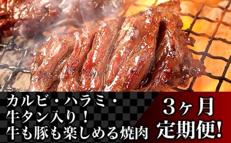 76-83A[3ヶ月連続お届け]カルビ・ハラミ・牛タン入り!牛も豚も楽しめる焼肉定期便