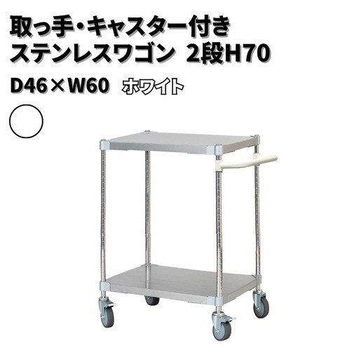 取っ手・キャスター付きステンレスワゴン2段H70 46×60 ホワイト PROFACE プロフェイス 冷蔵 冷凍 クリーン 組立式 燕三条製 【257S007】