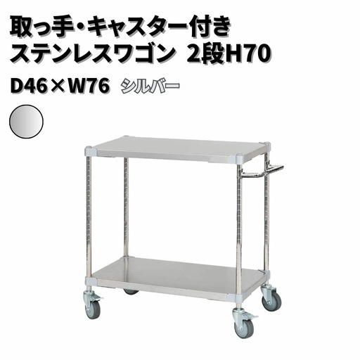 取っ手・キャスター付きステンレスワゴン2段H70 46×76 シルバー PROFACE プロフェイス 冷蔵 冷凍 クリーン 組立式 燕三条製 【272S002】