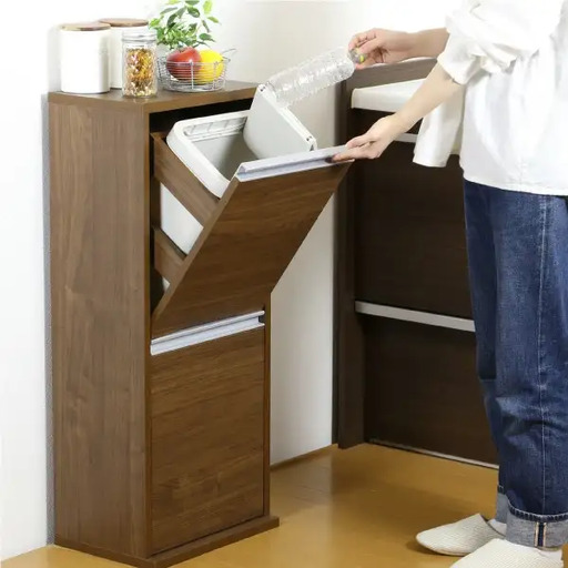 木製2分別ダストボックス ブラウン ゴミ箱 完成品 燕三条製 [川口工器]
