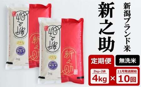 先行予約[令和7年産新米・10ヶ月定期便]新之助 無洗米 4kg(2kg×2袋)×10回(計 40kg)中村農研 [Y0541]