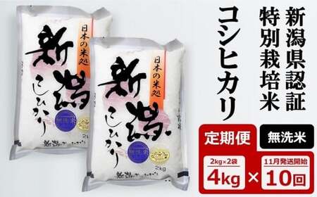 先行予約[令和7年産新米・10ヶ月定期便]コシヒカリ 無洗米 4kg(2kg×2袋)×10回(計 40kg) 新潟県認証特別栽培米 中村農研 [Y0542]