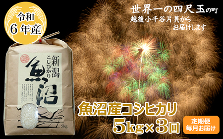 K38P305 [令和6年産]魚沼産コシヒカリ定期便 5kg×3回(毎月お届け)[(有)米萬商店]世界一の四尺玉の町片貝町 白米 魚沼 米 定期便