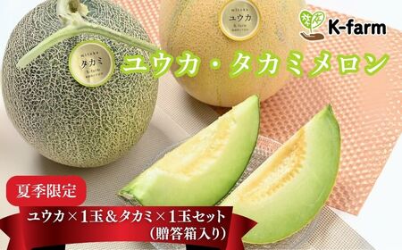 [先行予約令和8年夏発送]K-farmこだわりのメロン ユウカ ×1玉 & タカミ ×1玉セット(贈答箱入り)