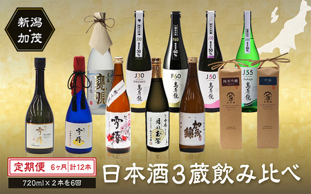 [定期便6ヶ月毎月お届け][20セット限定・年末限定]日本酒3蔵飲み比べセット 12本(720ml×2本×6ヶ月)[2025年1月以降順次発送]マスカガミ 雪椿酒造 加茂錦酒造 贈答 加茂市 マルダイ有本 酒 酒 酒 酒 酒 酒