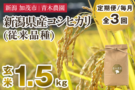 [令和7年産新米先行予約][定期便3回毎月お届け]新潟県産 コシヒカリ(従来品種)玄米1.5kg(1.5kg×1袋)[10月上旬から順次発送] 玄米 白米 きのこ農家ならではの有機質肥料 お米 新潟産 コシヒカリ 加茂市 青木農園