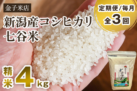 [令和6年産新米][定期便3回毎月お届け]老舗米穀店が厳選 新潟産 従来品種コシヒカリ「七谷米」精米4kg(2kg×2)白米 窒素ガス充填パックで鮮度長持ち 金子米店 定期便 定期購入 定期 新潟県産コシヒカリ 米 お米