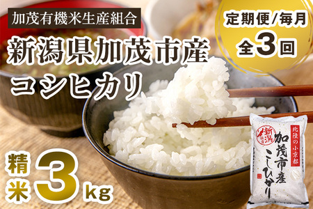 【定期便3回毎月お届け】【令和6年産新米先行予約】新潟県加茂市産コシヒカリ 精米3kg 白米 加茂有機米生産組合 定期便 定期購入 定期 コシヒカリ 新潟県産コシヒカリ 米 お米コシヒカリ コシヒカリ コシヒカリ コシヒカリ コシヒカリ