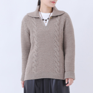 RU2311-20 ルーエンローズ カシミヤ アラン柄ポロ衿プルオーバー(ブラウン)