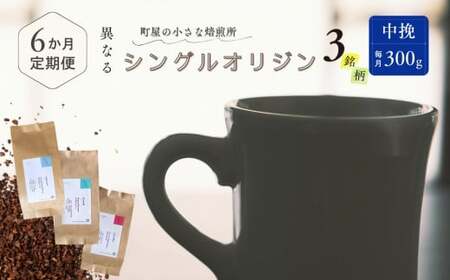 [定期便:6ヶ月連続でお届け]シングルオリジンコーヒー 100g × 3品種(中挽き)計300g×6ヶ月 1075016 コーヒー 珈琲 粉