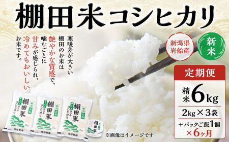 [新米受付・令和7年産米][定期便:6ヶ月連続でお届け]新潟県岩船産 棚田米コシヒカリ 6kg(2kg×3袋)+パックごはん(150g×1個) ×6ヶ月 1067115N 毎月 新米予約 お米 白米 こしひかり 精米 村上市