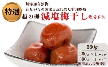 特級 無添加 減塩 梅干しセット 越の梅 560g(260g×1パック/笹川流れの塩使用300g×1パック)こだわりの塩使用 新潟県糸魚川 白梅 梅干 梅干し 人気 ご家庭用 天然 うめぼし はちみつ梅 梅ちゃんfarm笠井