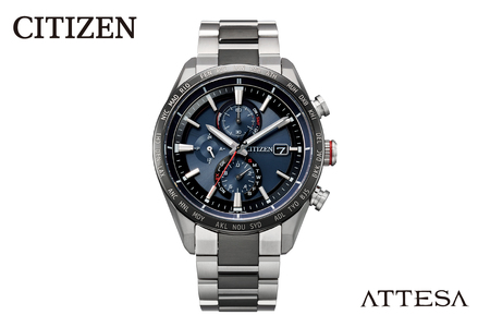 【CITIZEN】 アテッサAT8186-51L シチズン 腕時計 メンズ シルバー ネイビー 光発電 エコ・ドライブ 電波受信 防水 クロノグラフ デュラテクトチタンカーバイト スーパーチタニウム サファイアガラス メーカー保証 新潟県 妙高市