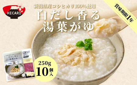 白だし香る 湯葉がゆ(250g×10個入)新潟県産コシヒカリ100%使用 防災 防災グッズ 備蓄 家庭備蓄 非常食 防災食 災害対策 ローリングストック お粥 レトルト ダイエット 新潟県 五泉市 株式会社ヒカリ食品