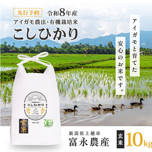 先行予約 令和8年 新潟県産コシヒカリ 【アイガモ農法】 玄米 10kg 10キロ（5kg×2） JAS有機栽培米 上越市 三和区神田 富永農産 こしひかり