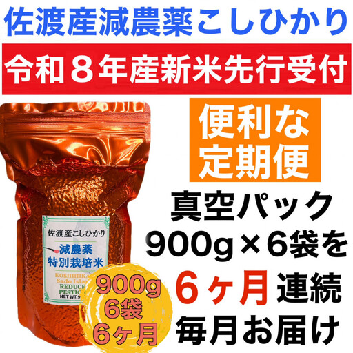 【令和8年産新米　定期便・先行予約】佐渡島産 減農薬特別栽培米こしひかり 真空パック 900g×6袋　全6回