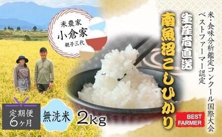 [生産者直送][定期便6ヶ月][令和6年産 新米予約] 南魚沼産こしひかり 無洗米2kg×全6回 合計12kg オグライスファーム[コシヒカリ 農家直送]