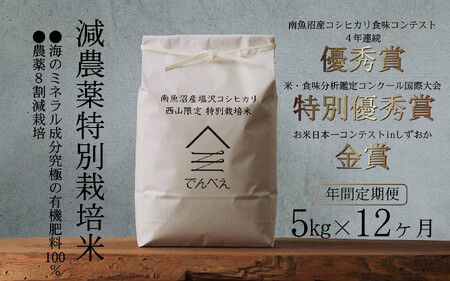 [年間定期便令和7年産新米予約]南魚沼食味コンクール4年連続優秀賞 減農薬特別栽培米5kg×12回 南魚沼塩沢産コシヒカリ[2025年9月中旬より順次発送予定]