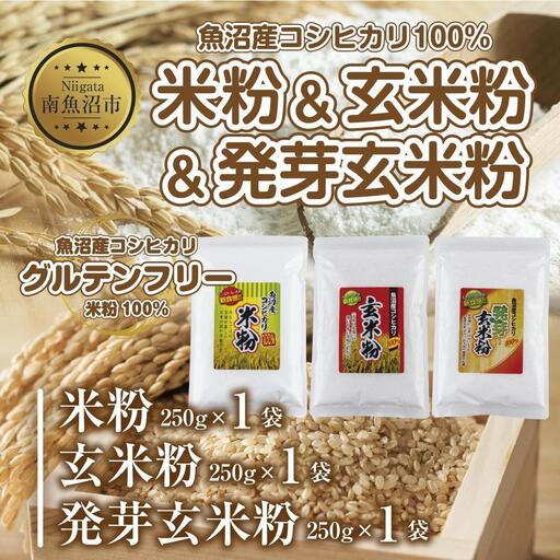 新潟県産 米粉 発芽玄米粉 玄米粉 各250g 計750g  魚沼産 コシヒカリ 玄米 アレルギー グルテンフリー GABA お取り寄せ 製菓材料 パン作り 製菓 コパフーズ 新潟県 南魚沼市