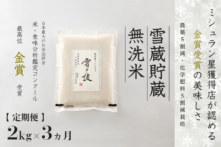 [令和7年産新米][3ヶ月定期便]雪蔵貯蔵 無洗米 金賞受賞 魚沼産コシヒカリ「雪と技」2kg (2kg×1袋) 農薬5割減・化学肥料5割減栽培