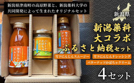 新潟薬科大コラボ-ふるさと納税セット- 雪下にんじんスムージー1本 雪下にんじんドレッシング1本 バターナッツかぼちゃクリーム1瓶 4セット | 津南町 にんじん