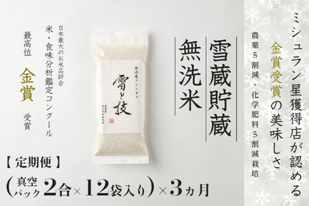 [令和7年産新米][3ヶ月定期便]雪蔵貯蔵 無洗米 金賞受賞 魚沼産コシヒカリ「雪と技」真空パック (2合×12袋) 農薬5割減・化学肥料5割減栽培