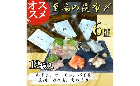 魚との清水(うおとの) 六種の昆布〆(12個入り)カジキ2個、サーモン2個、真鯛2個、バイ貝2個、旬の魚2個、旬のイカ2個