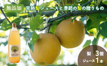 無添加・完熟梨ジュースと季節の梨の贈りもの(ジュース1本・品種おまかせ梨3個) ※北海道・沖縄・離島への配送不可 ※2025年8月上旬〜10月上旬頃に順次発送予定