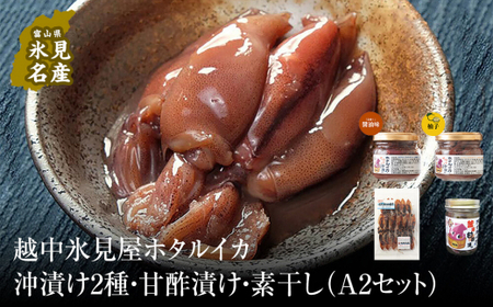 越中氷見屋　ホタルイカ沖漬け2種・甘酢漬け・素干し（A2セット）　| ホタルイカ ほたるいか いか 珍味 沖漬け 醤油 柚子 甘酢 素干し 富山 富山湾 氷見 つまみ 酒の肴 瓶 冷凍 産地直送 無添加 特製 魚介 加工 詰め合わせ セット ホタルイカ ホタルイカ