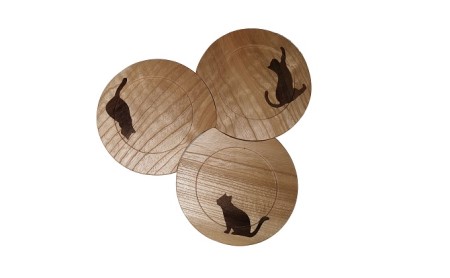 富山木象嵌 天然木手作りコースター 猫(3枚セット)