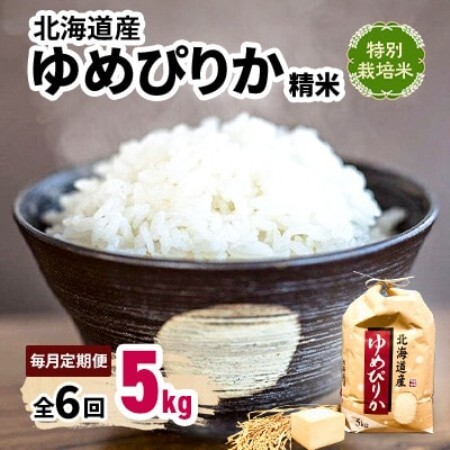【毎月定期便】特別栽培米 北海道産 ゆめぴりか 5kg(5キロ×1) 精米 美味しいお米全6回【4086818】