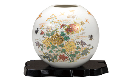 九谷焼 5.5号花瓶 金菊花に雀(台付)