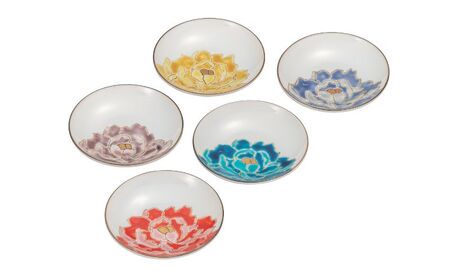 九谷焼 3.2号皿揃・牡丹(5枚組)