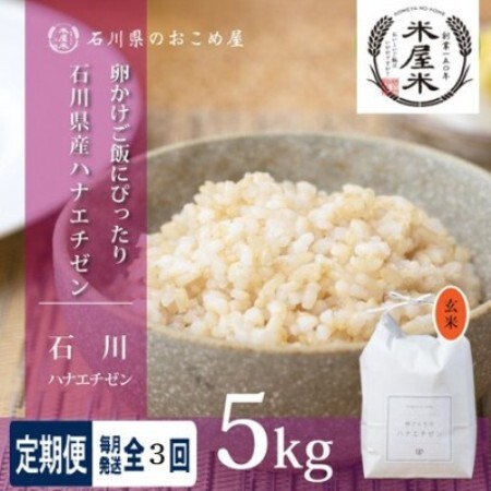 [毎月定期便][家庭料理にぴったりの旨み]石川県野々市市産ハナエチゼン玄米 5kg全3回