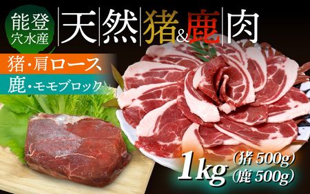 能登・穴水産 天然 猪肩ロース & 鹿モモブロック 各500g 計1kg | ジビエ 冷凍