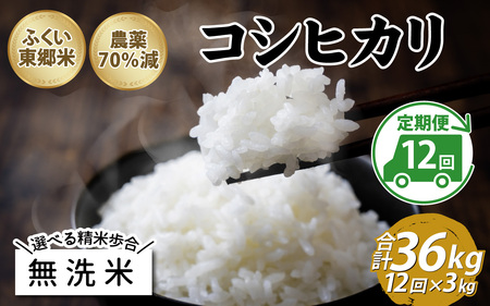 【先行予約】【定期便12ヶ月連続】【無洗米】令和7年産 ふくい東郷米 特別栽培米 農薬70％減 コシヒカリ 3kg×12ヶ月 合計36kg [H-020011_04]