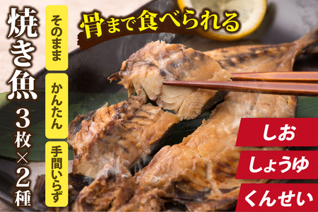 [味を選べる]丸ごと骨まで食べられる焼き魚 3枚セット×2種(塩干し、醤油干し、燻製)[A-088023]