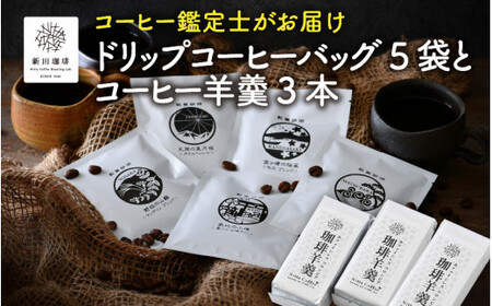[013-a007] 日本と国際的なコーヒー鑑定士資格所有者がお届け!ドリップコーヒーバッグ 5袋とコーヒー羊羹 3本セット