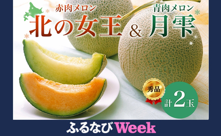 [ふるなびWEEK対象][2026年夏発送]北海道 赤肉メロン 北の女王 青肉メロン 月雫 秀品 約1.6kg 各1玉 令和8年 果物 フルーツ 旬 希少 甘い 豊潤 国産 産地直送 ギフト お祝い 贈答品 贈り物 お中元 お取り寄せ 送料無料 FN-Limited-PR