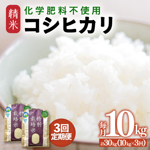 [先行予約][令和8年産][定期便3回]≪3ヶ月連続お届け≫ 化学肥料不使用 特別栽培米 コシヒカリ 精米 10kg × 3回(合計30kg)※2026年10月上旬より順次発送予定 [aw010-f011]