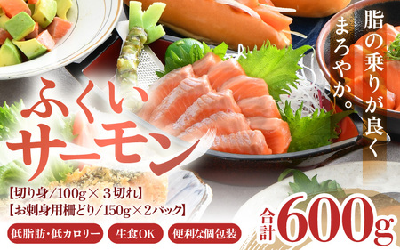 ふくいサーモンセット 計600g(切り身100g×3切・柵どり150g×2パック)[鮮度抜群!アレンジ自在!真空冷凍] / 生食OK 刺身 焼き魚 鮭 国産 [aw002-b005]
