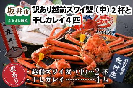 [先行予約]訳あり≪茹で≫越前ズワイ蟹(中) 2杯 と 干しカレイ 4匹[2024年1月〜3月発送予定] [L-1601]