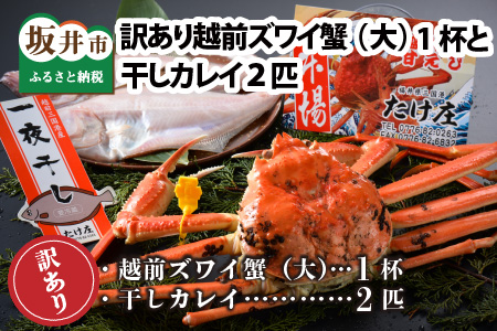 [先行予約]訳あり≪茹で≫越前ズワイ蟹(大) 1杯 と 干しカレイ 2匹[2025年1月〜3月発送予定] [K-1602]