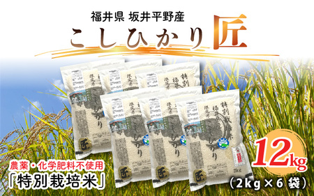 [令和7年産]特別栽培米 コシヒカリ匠 12kg (2kg × 6袋)(玄米)栽培期間中農薬不使用 / コシヒカリ こしひかり 白米 お米 [F-2923_02]