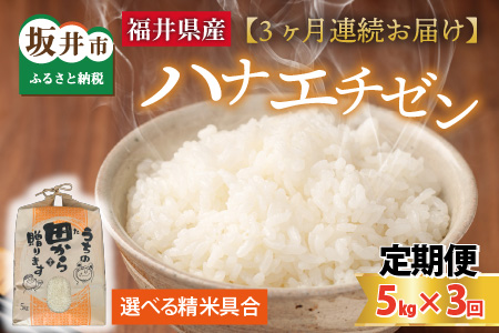 [先行予約][令和8年産・新米]定期便 ≪3ヶ月連続お届け≫ ハナエチゼン5kg×3回 計15kg 〜本原農園からまごころコメて〜(玄米)[2026年9月上旬以降順次発送予定] [C-8912]