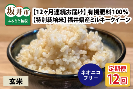 [先行予約][令和6年産・新米][12ヶ月連続お届け][特別栽培米]福井県産 ミルキークイーン10kg×12回 計120kg 〜化学肥料にたよらない有機肥料100%〜 ネオニコフリー(玄米)[2024年10月上旬以降発送予定] [O-13402_02]